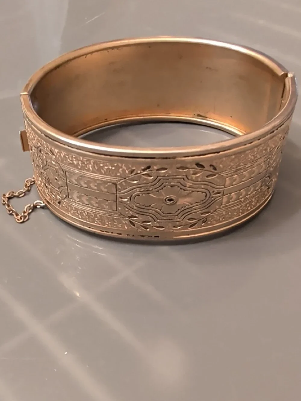 Coro Gold-Tone Floral Engraved Hinged Bangle Bracelet